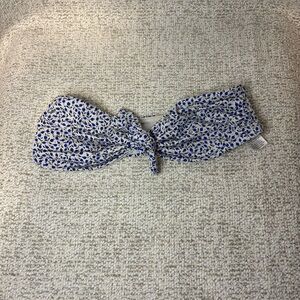 Blue and White Floral Bandeau Bikini Top, Bow Detail